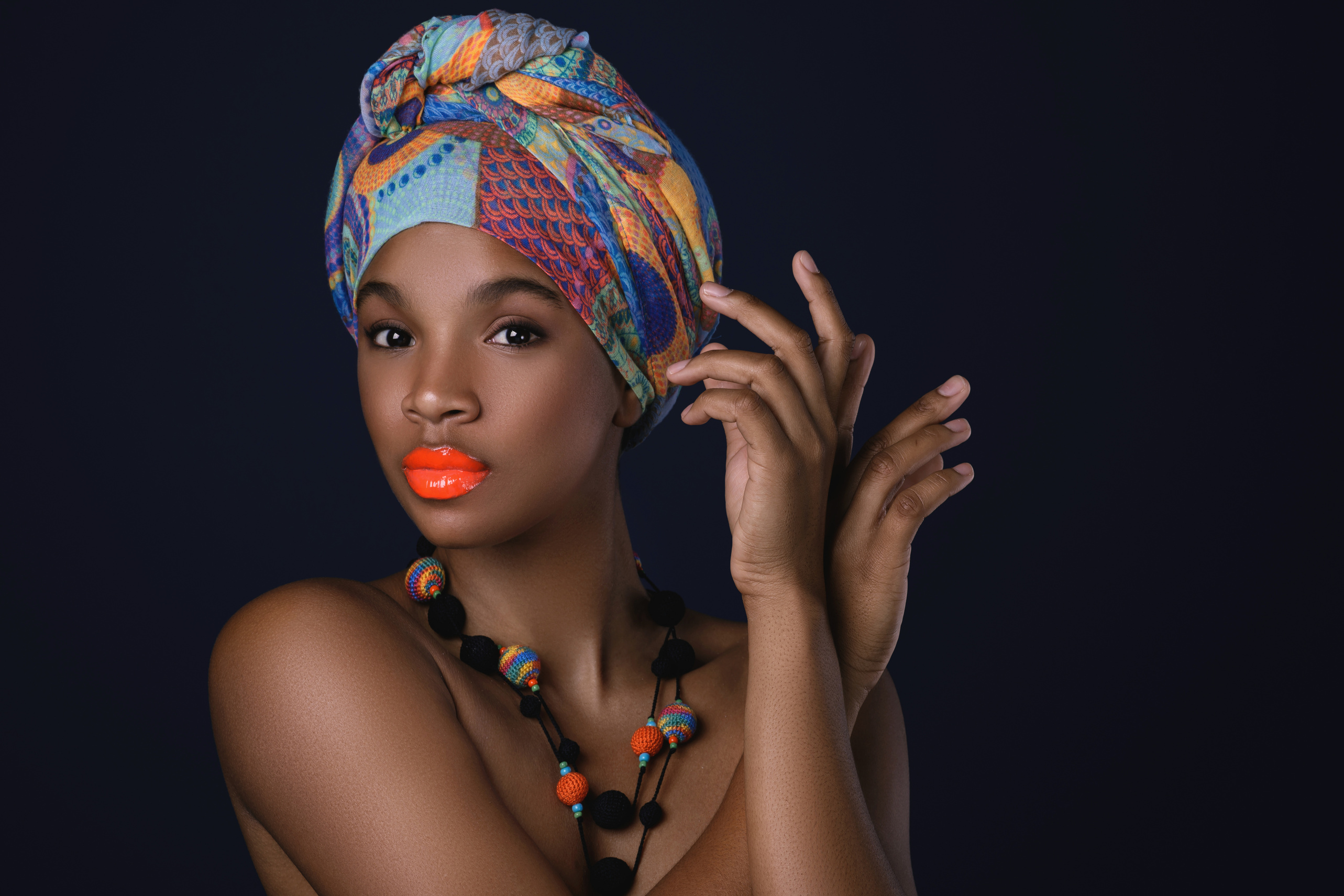 Woman with Shawl on Her Head and Neon Lipstick